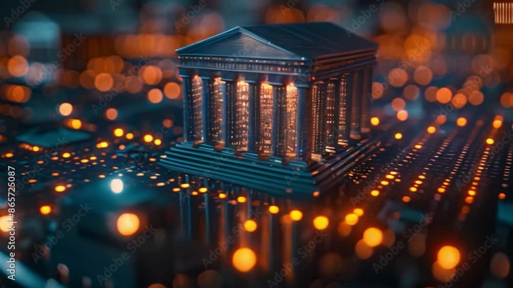 Poster A miniature model of a classical building with columns and a pediment is positioned on a circuit board surface.