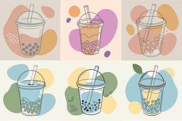 Fototapeta premium Vector collection of bubble tea with tapioca pearls asian taiwanese drink