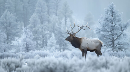 Snowy wilderness of Yellowstone National Park Wyoming majestic bull elk stand proudly amidst frostcovered tree impressive antler silhouetted against wintry landscape 
