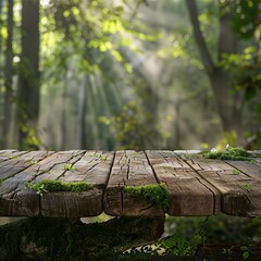 Fototapeta premium Mossy outdoor wooden table 3D for product presentation.