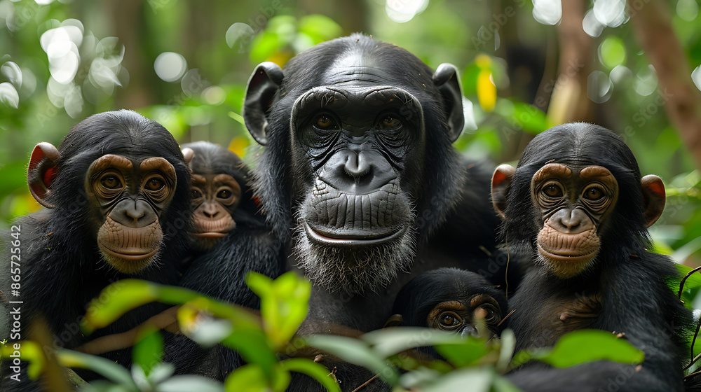 Poster a family of chimpanzees using burst mode to capture multiple frames per second