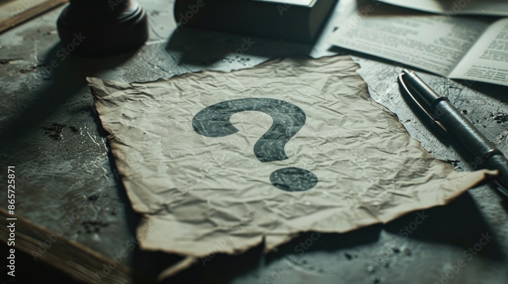 Poster close up view of a question mark on a paper on a desk