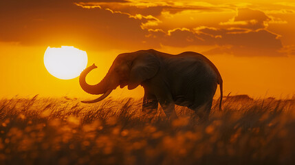 Majestic African elephant trunk raised against backdrop of setting sun capturing grandeur of nature wildlife 