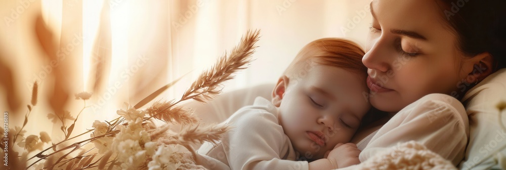 Poster a mother lovingly cradles her sleeping baby, creating a peaceful and serene scene. generative ai