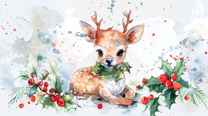 Naklejka premium Watercolor art of a baby deer with holly leaves and berries on a winter background. Concept of Christmas, holiday season, wildlife, festive art