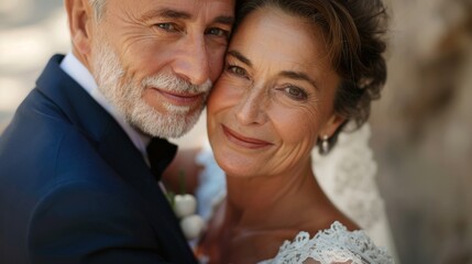 Obraz premium Close up portrait of beautiful senior woman as bride laying head on grooms shoulder and smiling