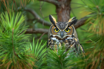 Obraz premium great horned owl perched a pine tree capturing the mystery of nature and wildlife 
