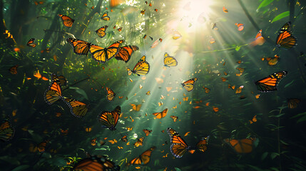 Majestic monarch butterfly migration captured dense forest showcasing wonder of nature and wildlife employing a wideangle lens to emphasize the vastness of the scene