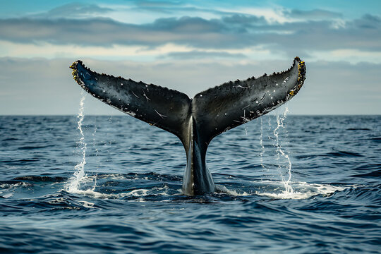 Majestic humpback whale tail slapping ocean surface showcasing the grandeur of nature and wildlife using  a high shutter speed to freeze motion