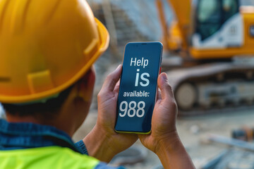 Construction Worker Holding Phone Displaying Mental Health Support Message