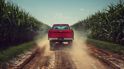 red pick-up truck inspecting the green corn field riding on the dirty road. Generative ai