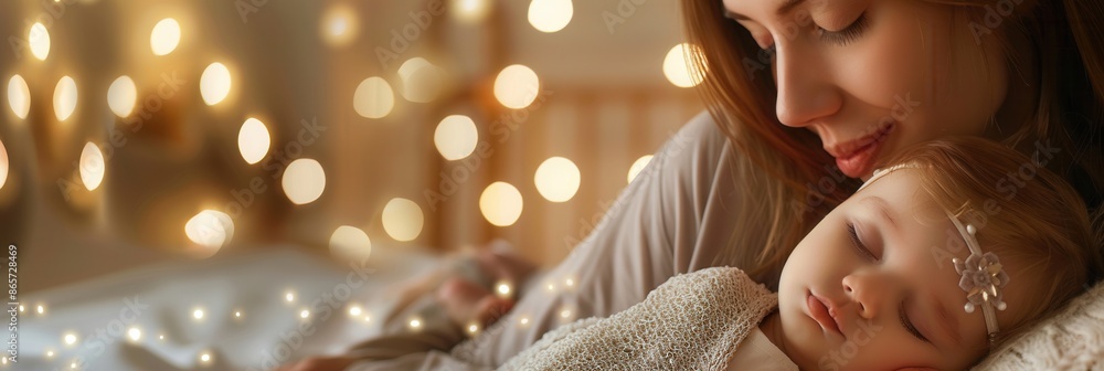 Poster A mother tenderly puts her child to sleep in a soft bed, the warm glow of string lights creating a comforting atmosphere. Generative AI