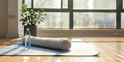 a yoga mat rolled out on a hardwood floor, with a water bottle and towel neatly placed beside it