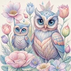 Obraz premium Owls with Flowers Illustration