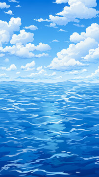Abstract ocean background in minimalist style. Blue wavy ocean and sky illustration. Copy space for text.
