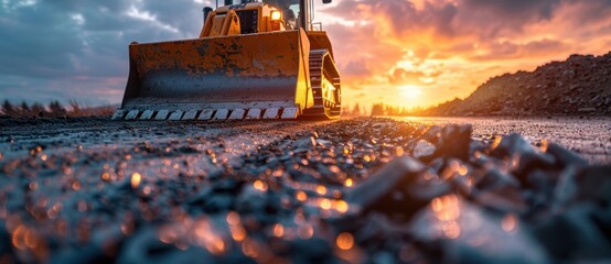 Heavy machinery bulldozer working on a road construction site at sunset. Concept of industry, infrastructure, and development.