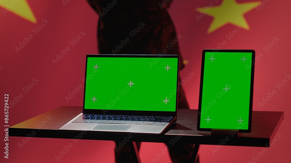 Poster china army soldier using isolated screen laptop and tablet to identify threats from enemies. army pe