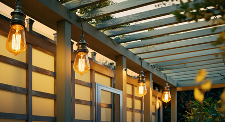 pergolas antique bulbs warm yellow lighting view space wall