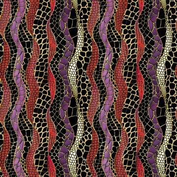 Colorful seamless pattern of snake skin texture in red, teal, pink and yellow colors, python leather pattern, seamless pattern.	
