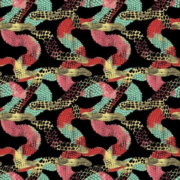 Colorful seamless pattern of snake skin texture in red, teal, pink and yellow colors, python leather pattern, seamless pattern.	
