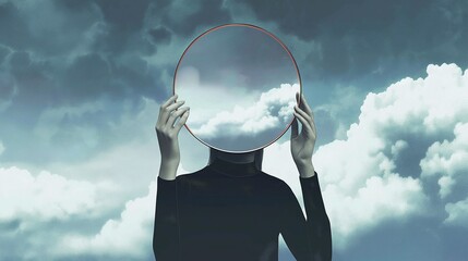 Surreal image of a person holding a mirror reflecting clouds, blending with a cloudy sky backdrop