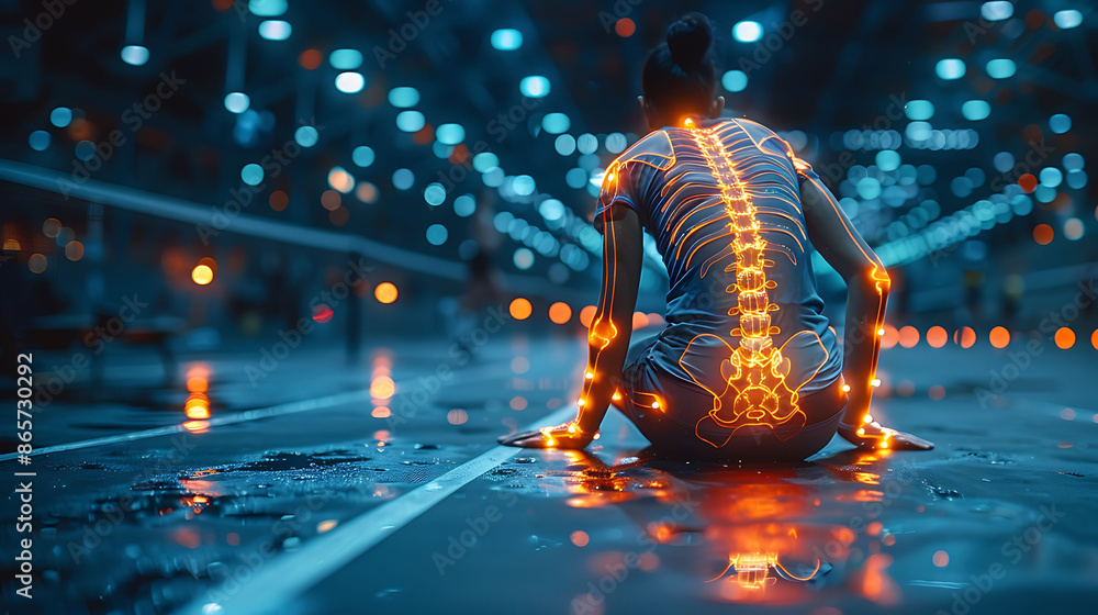 Poster badminton player using a foam roller on the lower back with a glowing xray effect recovering from lu