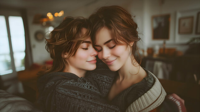 Happy LGBTQ couple enjoying and embracing each other in the living room