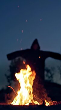 Horrible atmosphere at night outside. Bright flame with orange sparkles and dark nightmare with outstretched arms. Fright concept. Vertical video