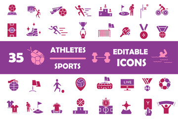 Sports athlete fitness Editable flat Icons set. Sports equipment and activities icons. Tennis, hockey, volleyball, football, soccer and boxing icon design. Vector illustration