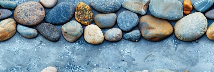 River stone banner seamless pattern, blue yellow grey colorful smooth pebbles beautiful summer frame border for header of natural landscape.