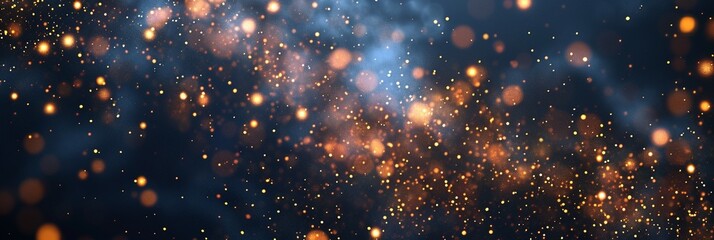 Christmas and New Year festive navy golden background. Golden stars and gilded glitters on Navy blue background with copy space for text. The concept of Christmas and New Year holidays