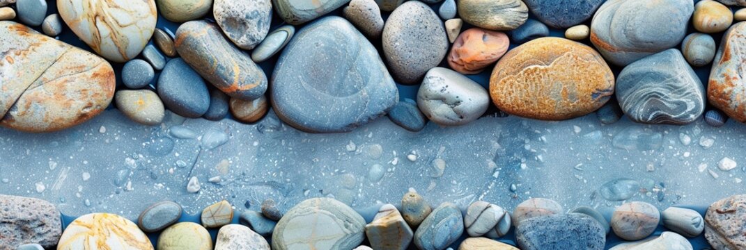 River stone banner seamless pattern, blue yellow grey colorful smooth pebbles beautiful summer frame border for header of natural landscape.