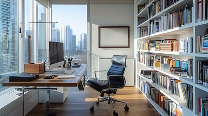 Blank mockup frame in home office modern study room, contemporary full book shelves filled with books, laptop on desk, wooden floor, leather working rotation chair, modern trendy study home backdrop