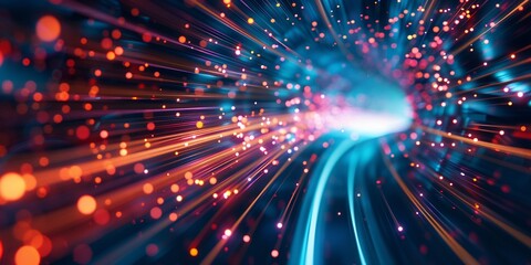 Abstract high speed technology motion light trail tunnel futuristic backgrounds, with light panoramic background with tunnel turn. Bright purple pink neon rays and lines glowing in ultraviolet light.