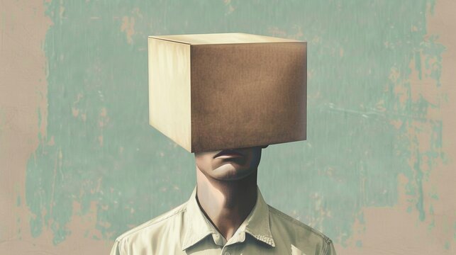 Surreal illustration of a man have an empty open box head isolated on vintage background, concept of being fulfilled by others, empty brain, opinion collection, holding other's junk emotions, listener