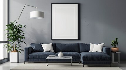 Living room interior with empty big white frames on the wall for artwork mock ups, showing navy fabric sofa, square coffee table, concrete flooring and gray backwall