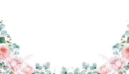 watercolor multi color Autumn floral corner border with dahlia, rose and eucalyptus leaves	