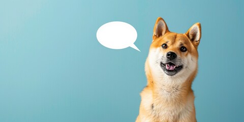 Happy cute Shiba Inu dog puppy with mock up copy space empty thought bubble from its mouth on blue background, concept of pet talk, protection, funny dog card, poster.