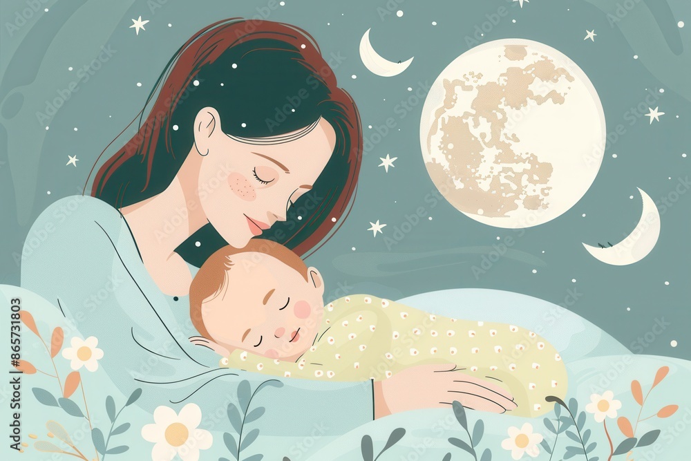 Aufkleber a mother lovingly cradles her sleeping baby under a serene night sky, creating a peaceful and comfor