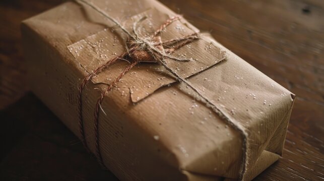 Christmas gift wrapped in reused paper and string bounded brown parcel