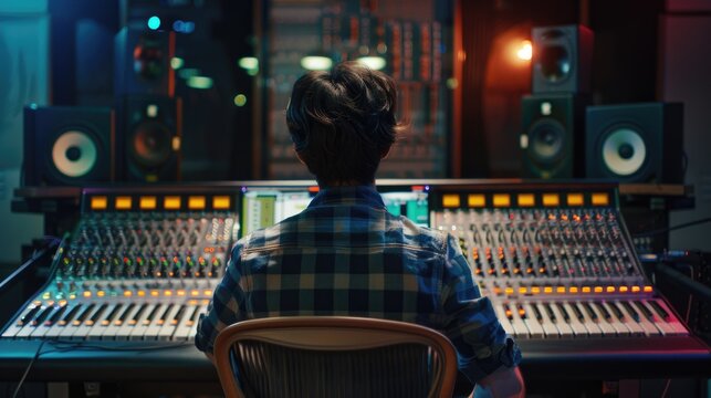 Asian male music producer mixing song in recording studio.