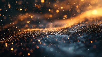 Shimmering particles of gold dance across a dark background, creating a magical effect.