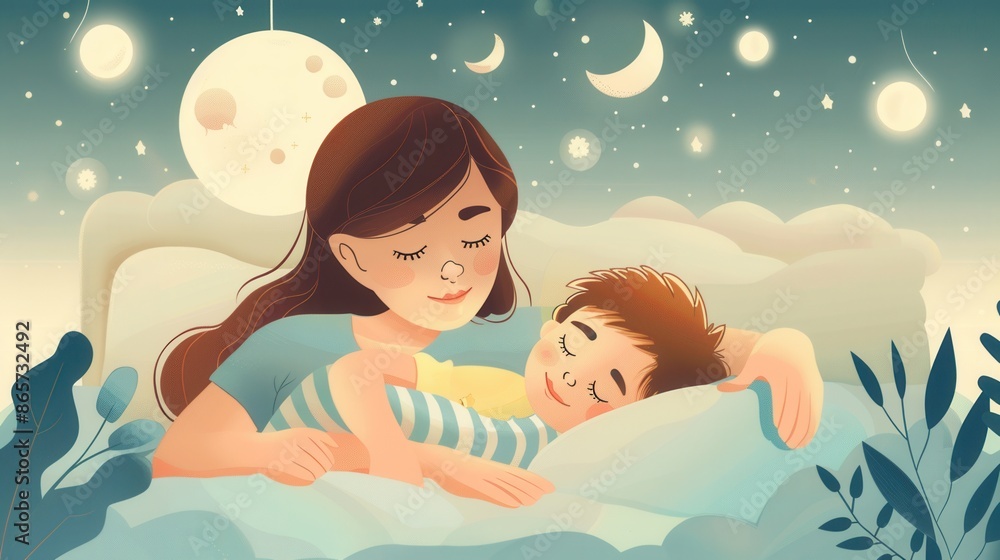 Poster a mother softly putting her child to sleep in a comfortable bed. a serene night scene with twinkling