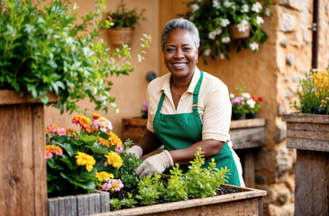 Plant shop worker, middle aged African woman working as a florist and taking care of plants at garden center, joyful employee smiling at the camera