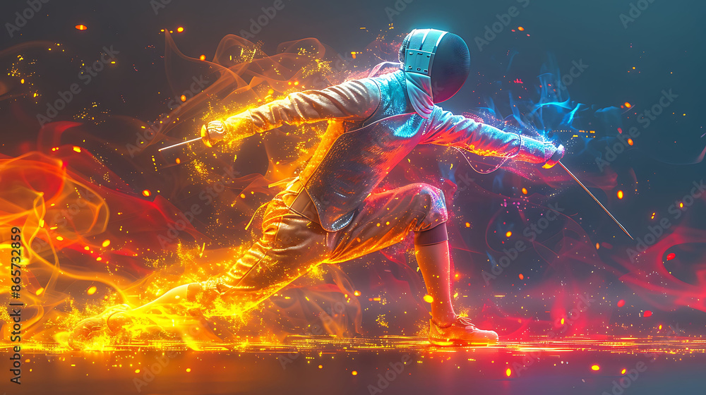 Poster fencer in an abstract scene performing dynamic leg stretches with glowing xray knees vibrant colors 