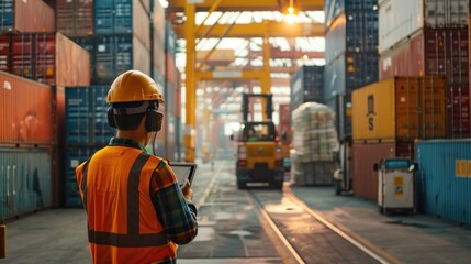 Digital future of cargo logistics transportation at industrial port.
