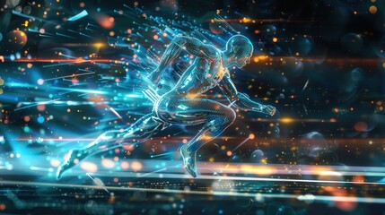 Obraz premium Track and field athlete with holographic background, Olympic sports, speed and innovation
