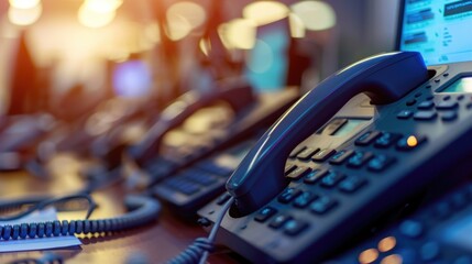 Telephone devices in call center office for customer service support.