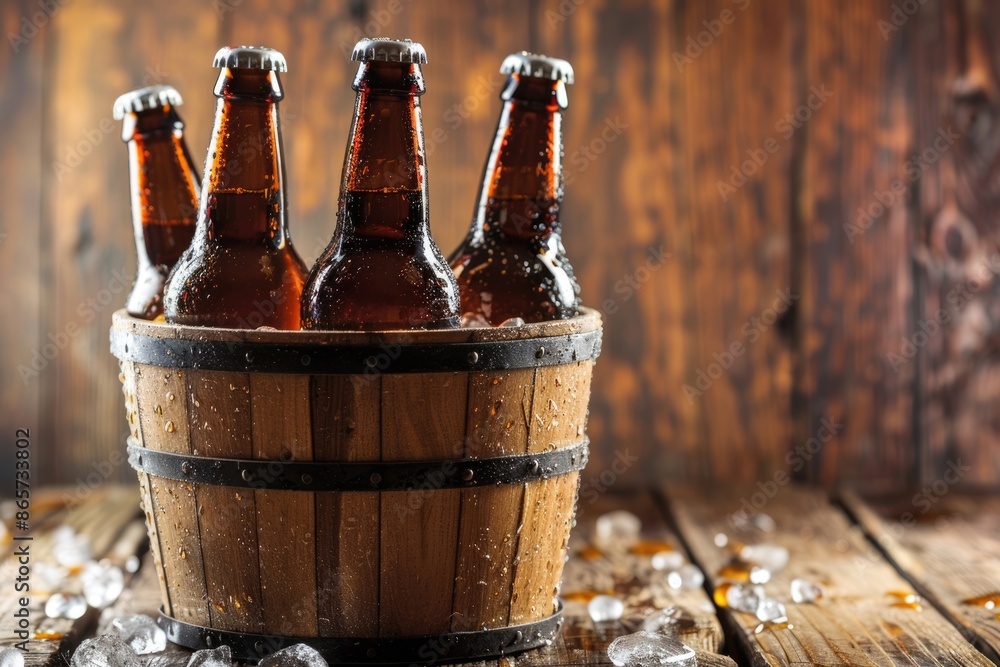 Wall mural cold beer in bucket on wooden background.