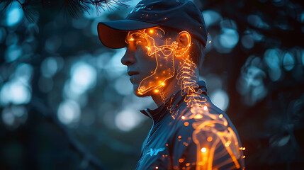 Golfer using a foam roller on the shoulders with a glowing xray effect recovering from a rotator cuff tear under the guidance of a physical therapist